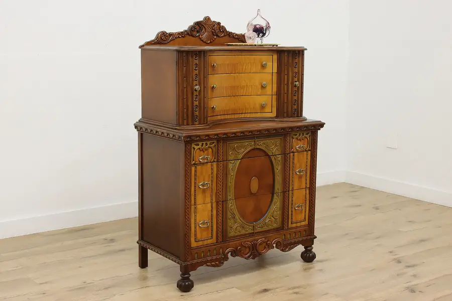 Photo of Tudor Design Carved Walnut Tall Chest or Dresser, Albert