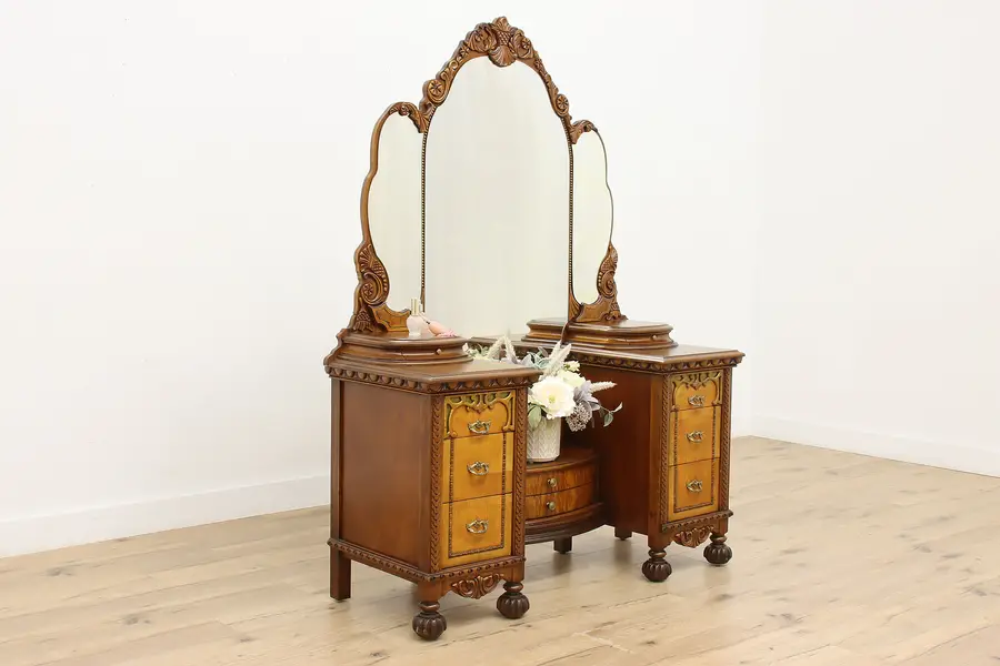 Photo of Tudor Design Carved Walnut Vanity or Dressing Table, Albert