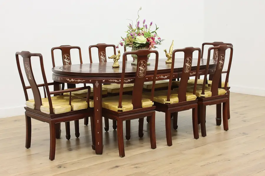 Photo of Chinese Vintage Rosewood & Pearl Dining Set, Table, 8 Chairs