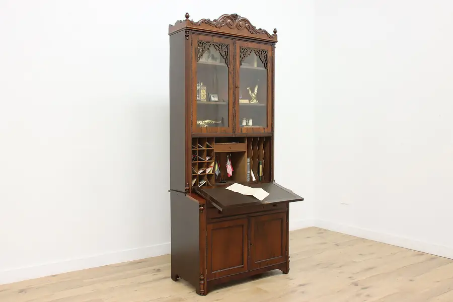 Photo of Victorian Antique Carved Rosewood Secretary Desk & Bookcase