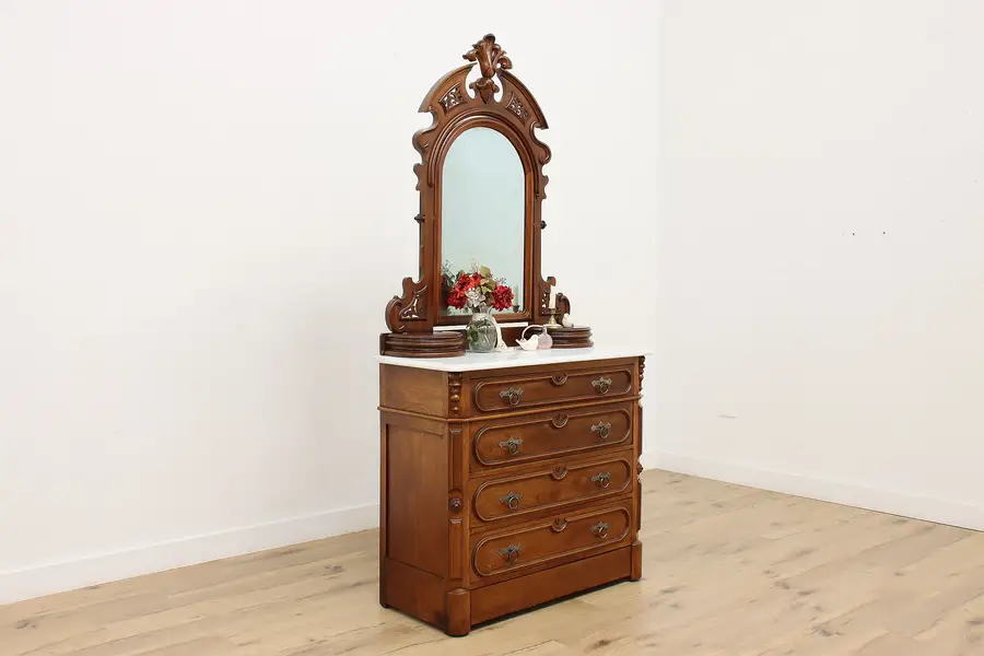Photo of Victorian Eastlake Antique Marble Top Dresser, Secret Drawer