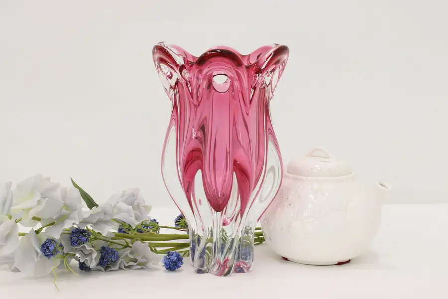 Photo of Murano Vintage Blown Cranberry Glass Vase Sculpture
