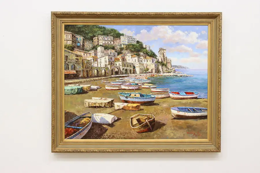 Photo of Seaside Town Vintage Original Oil Painting after Martin 70"