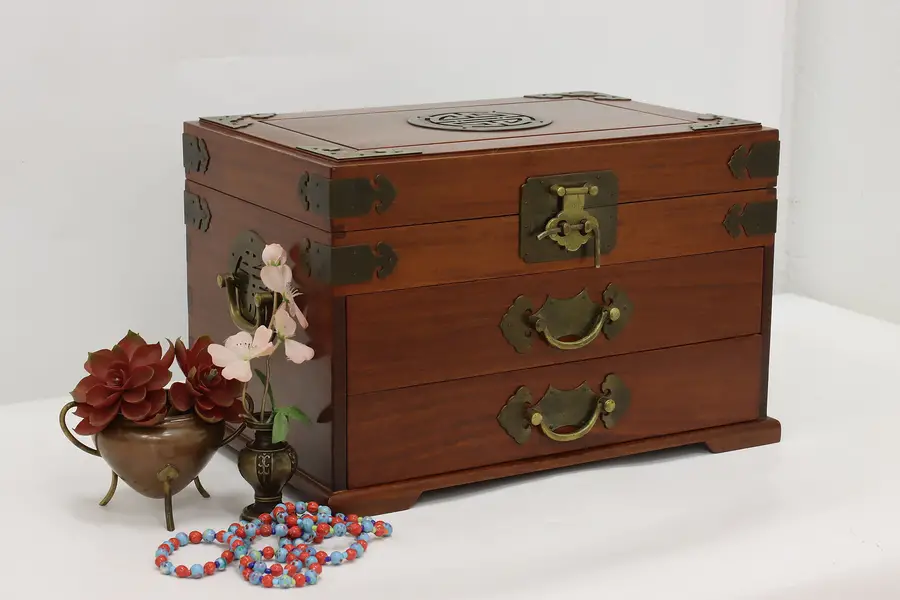 Photo of Chinese Vintage Teak & Brass Silk Lined Jewelry Chest, Zee