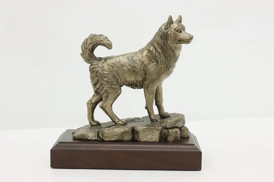 Photo of Bronze Vintage Husky Sculpture on Walnut Base, Shoop