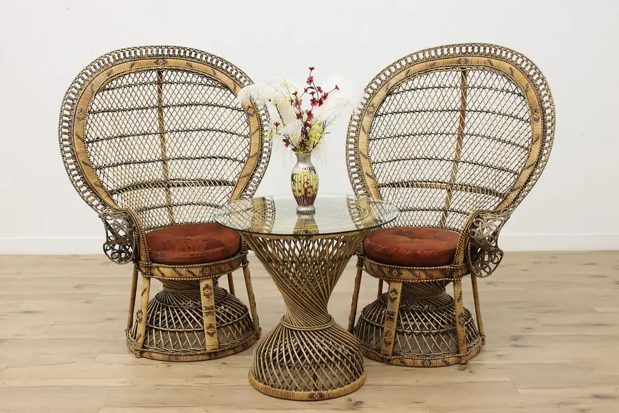 Photo of Wicker Rattan Vintage Oaur Peacock Chairs & Table Set