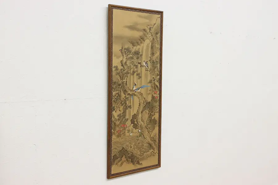 Photo of Jungle Birds & Waterfall Antique Original Silk Painting, 50"