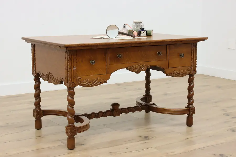 Photo of Victorian Antique Carved Oak Office Library Desk, Twist Legs