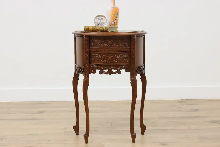 Photo of French Vintage Carved Walnut Demilune Nightstand End Table