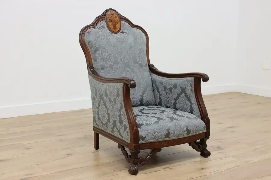 Photo of French Antique Walnut Marquetry Library Chair New Upholstery