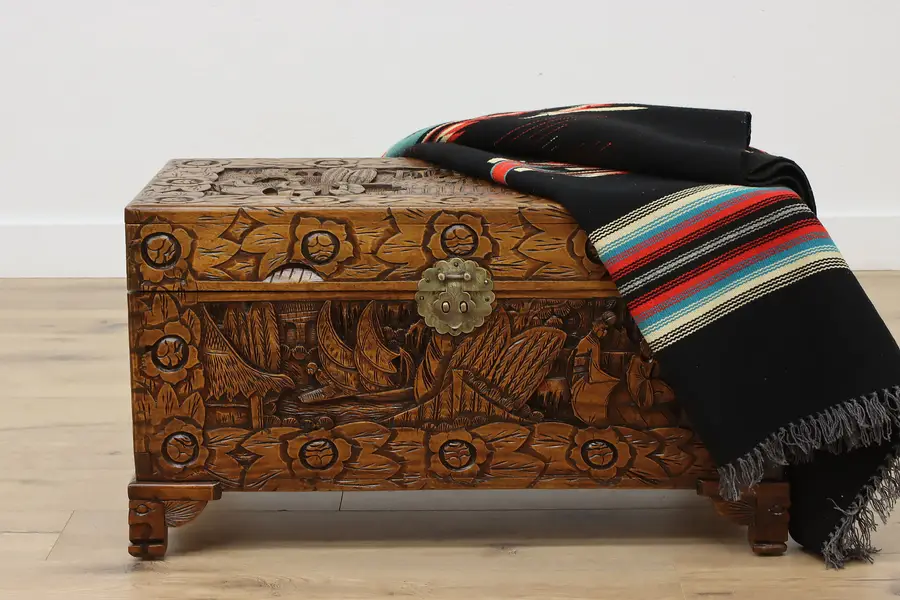 Photo of Chinese Vintage Carved Camphor Coffee Table, Trunk, Chest