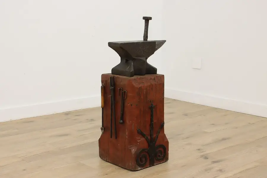 Photo of Industrial Salvage Antique Blacksmith Anvil & Base & Tools
