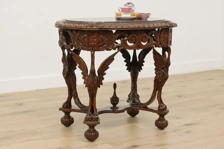 Photo of Swan Sculpture Antique Lamp Table Hall Console, Black Marble