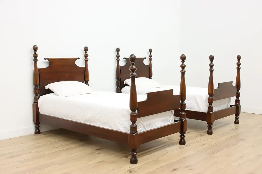 Photo of Pair of Georgian Design Vintage Twin Poster Beds, Pineapples