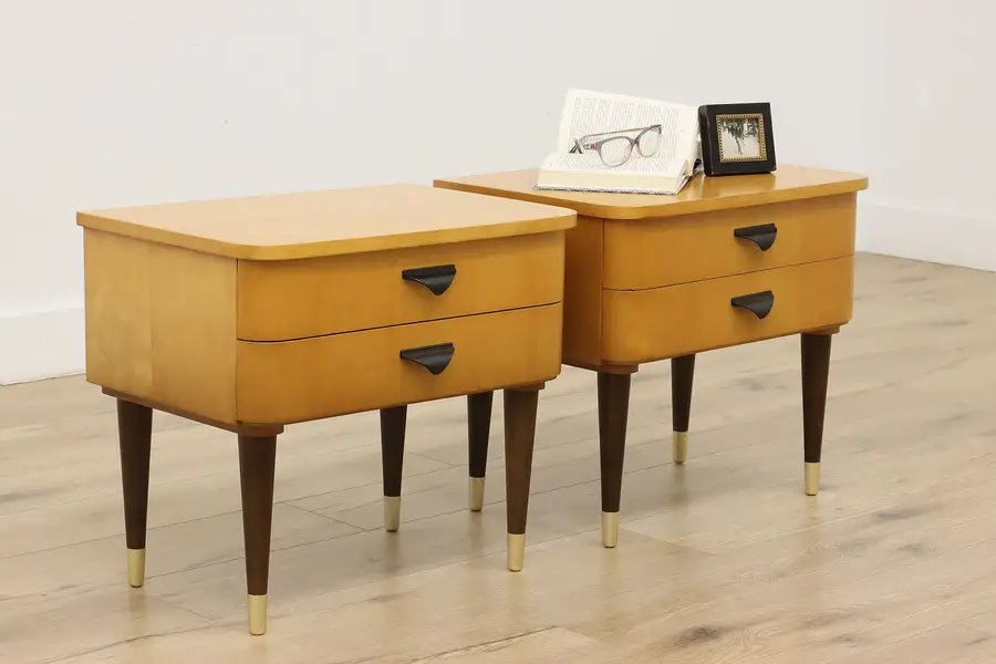 Photo of Pair Midcentury Modern Vintage Maple Nightstands End Tables