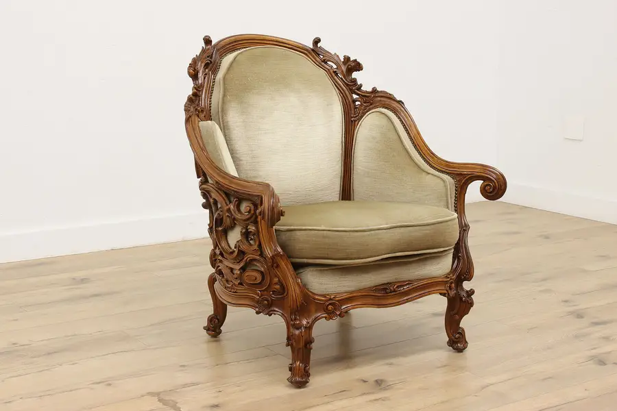 Photo of Swedish Antique Hand Carved Walnut & Mohair Library Chair