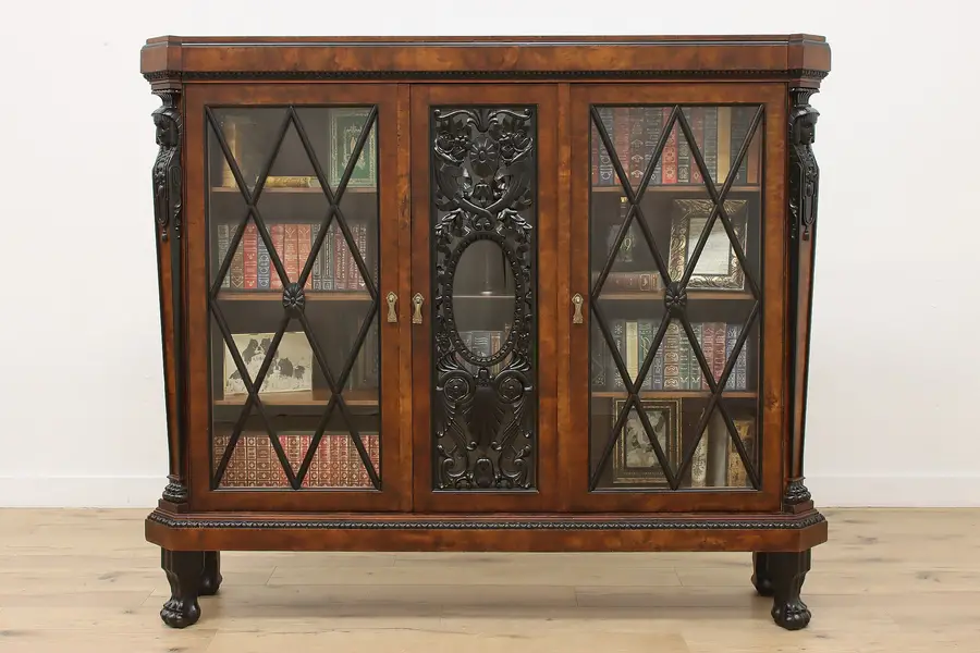 Photo of Hungarian Antique Ebony & Burl Office Bookcase, Carved Busts