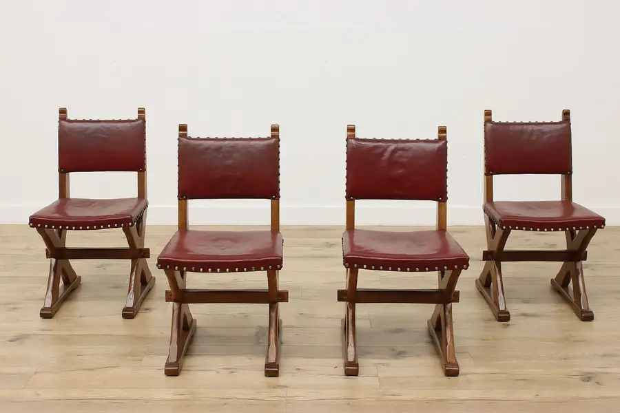 Photo of Set of 4 Vintage Tudor Design Oak & Leather Dining Chairs