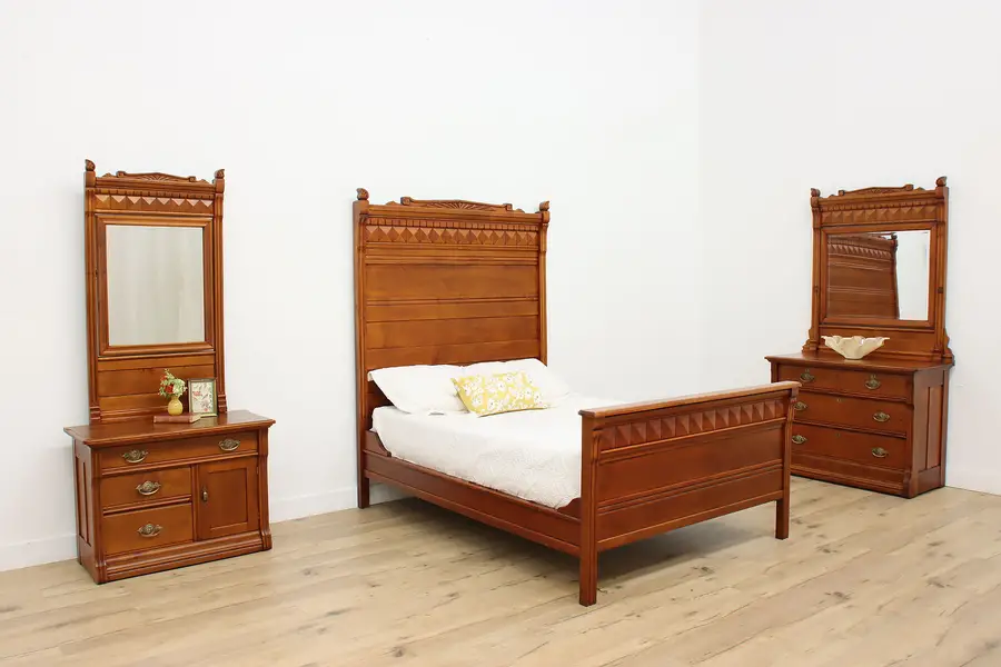 Photo of Victorian Antique Carved Birch 3 Pc Full Size Bedroom Set