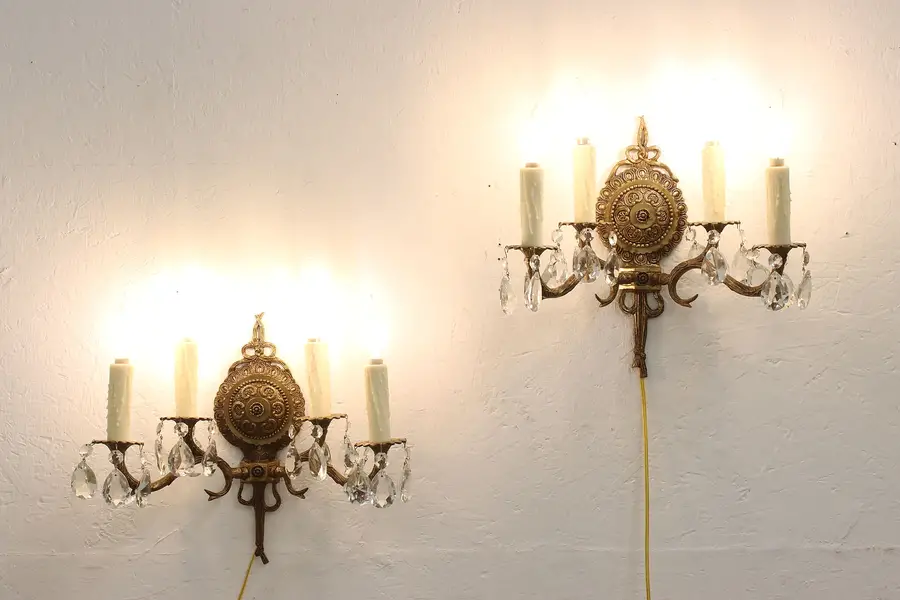 Photo of Pair Traditional Antique Embossed Brass Wall Sconces, Prisms