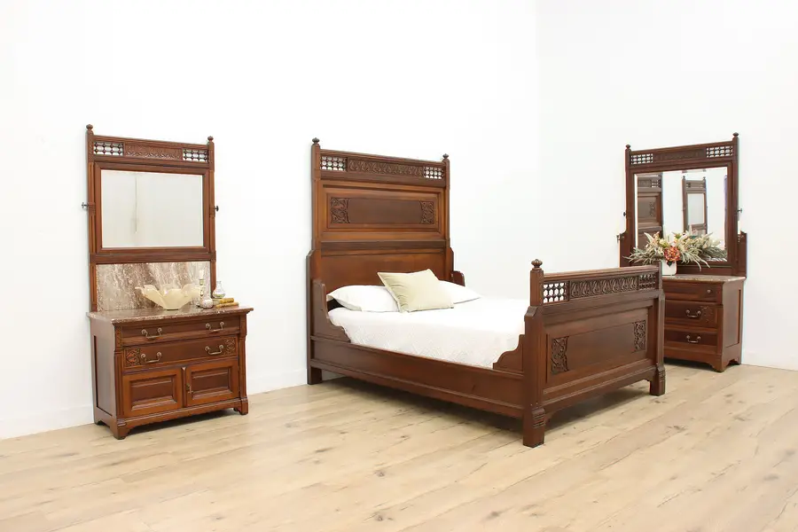 Photo of Victorian Antique 3 Pc Mahogany Marble Queen Bed Set, Signed