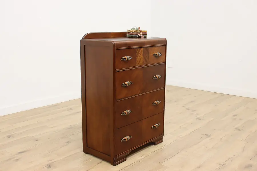 Photo of Art Deco Vintage Waterfall Tall Chest Dresser Bakelite Pulls