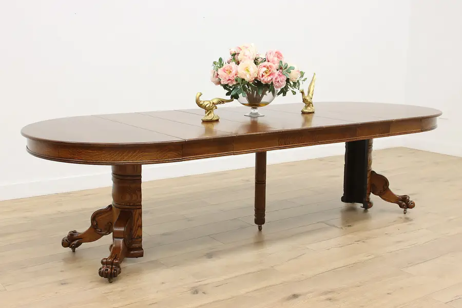 Photo of Victorian Antique 45" Round Oak Dining Table Extends 117"