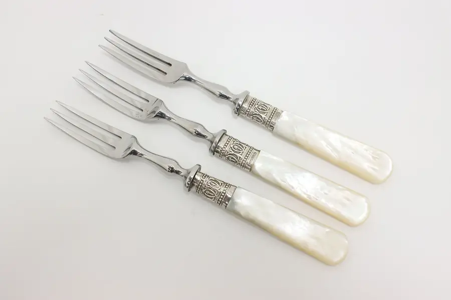 Photo of Set of 3 Victorian Antique Sterling & Pearl Appetizer Forks