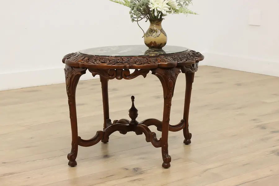 Photo of French Design Vintage Walnut & Marble Top Coffee End Table