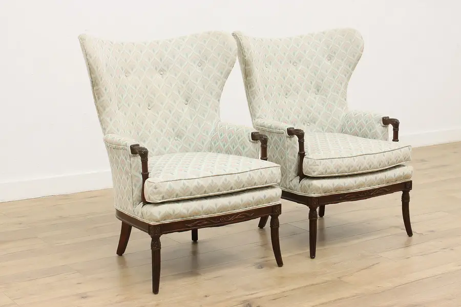 Photo of Pair of Art Deco Upholstered Fan Back Library Chairs