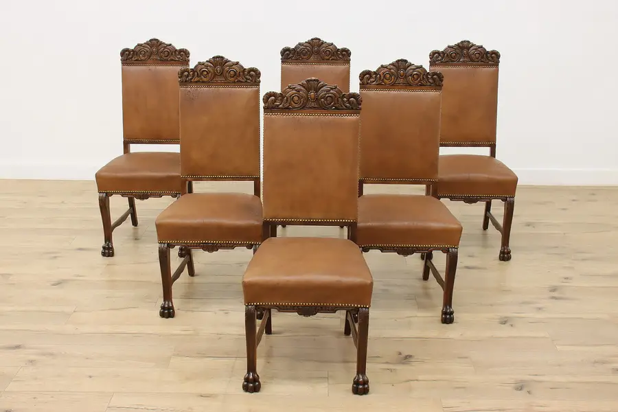 Photo of Set 6 Antique Renaissance Leather & Carved Oak Dining Chairs