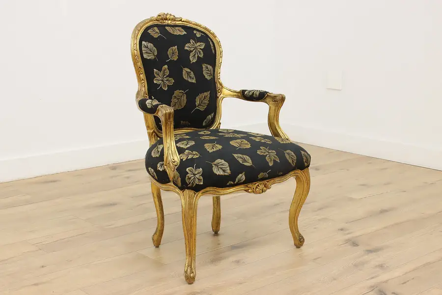 Photo of French Gilt Library or Office Vintage Armchair, Carved Roses