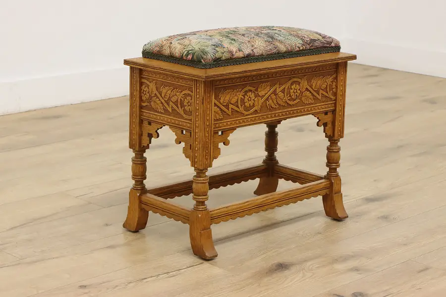 Photo of Victorian Antique Carved Oak Footstool or Slipper Bench
