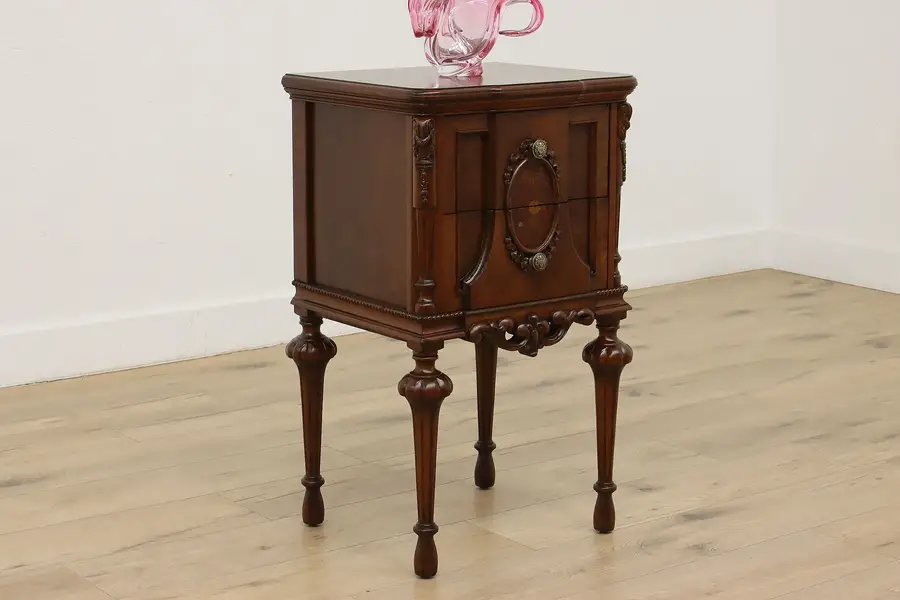 Photo of Tudor Antique Carved Walnut & Marquetry Nightstand End Table