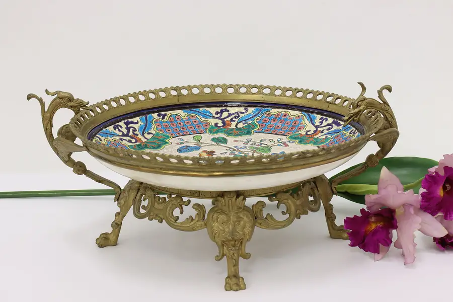 Photo of French Antique Porcelain & Brass Tazza Card Tray, Longwy