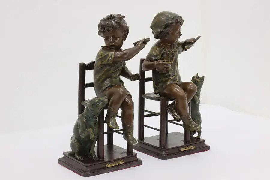 Photo of Pair of French Antique Children & Pet Sculptures, Pillet