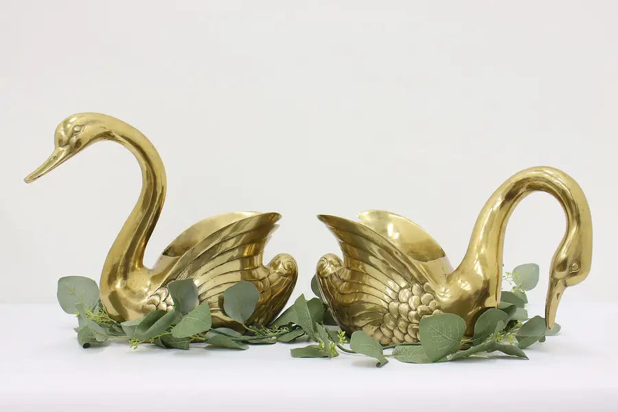 Photo of Pair of Vintage Brass Swan Sculptures or Planters