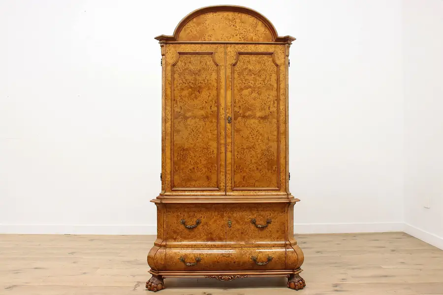 Photo of Baroque Dutch Vintage Bombe Burl China Bar Cabinet Signed