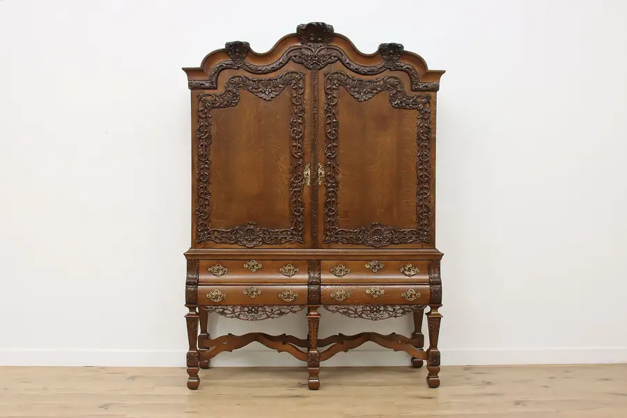 Photo of Dutch Antique Oak Cabinet Armoire Wardrobe Carved Flowers