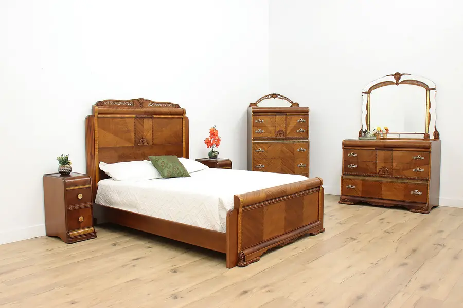 Photo of Art Deco Vintage 5 Pc Waterfall Walnut Queen Bedroom Set