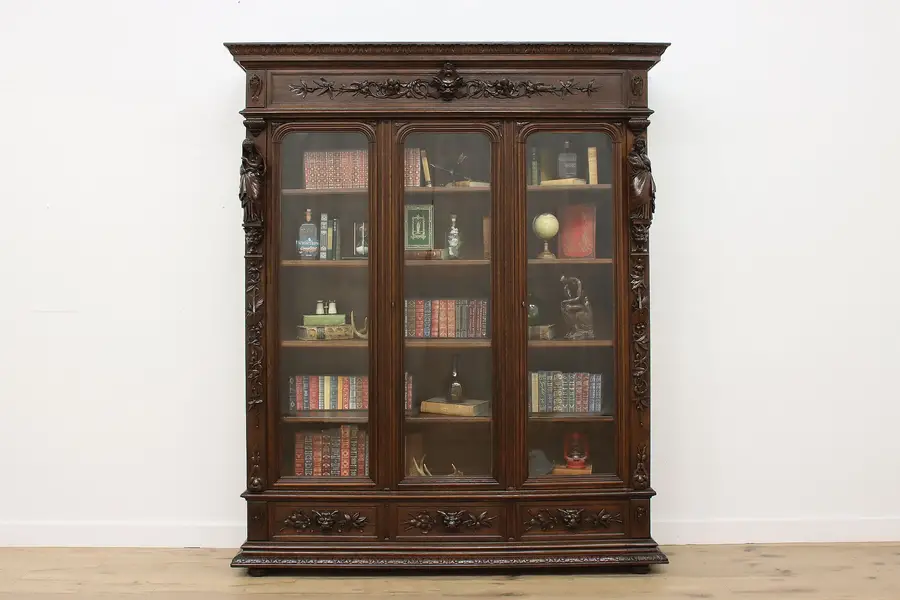 Photo of Renaissance Antique Oak Library Bookcase Female Sculptures