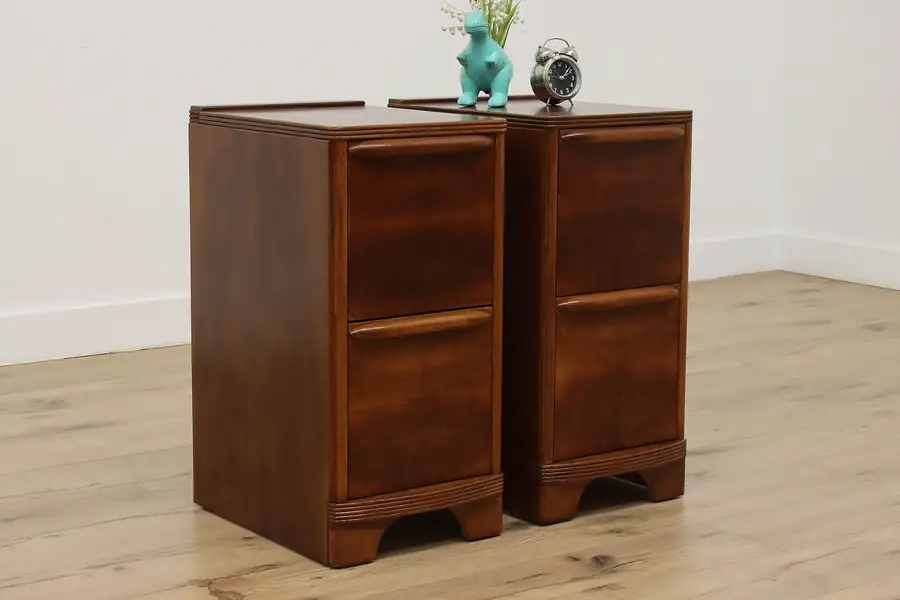 Photo of Pair Vintage Art Deco Walnut Nightstands End Tables Kroehler