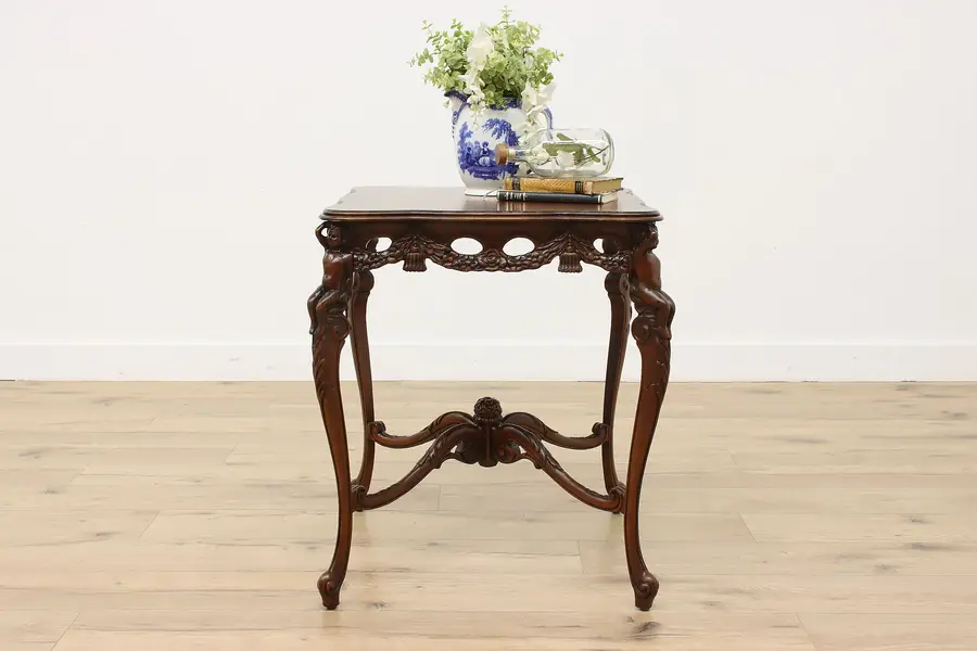 Photo of French Vintage Rosewood Marquetry Lamp Table, Carved Cherubs