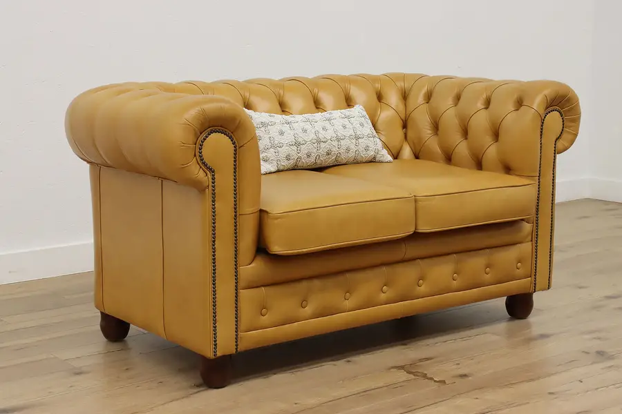 Photo of Chesterfield Tufted English Leather Loveseat, Delta