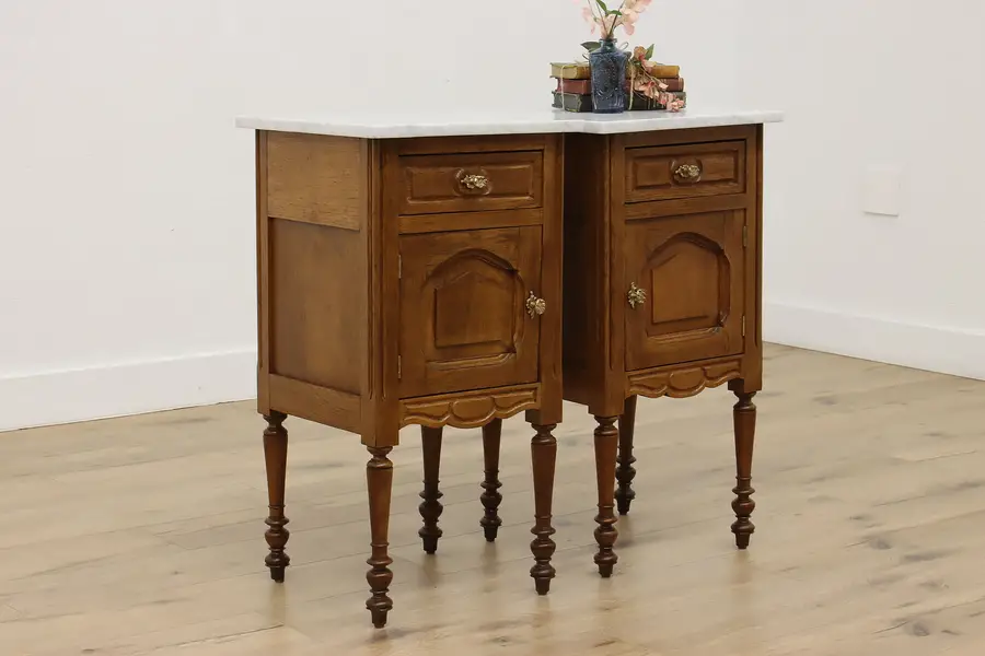 Photo of Pair of Country French Antique Oak Marble Top Nightstands