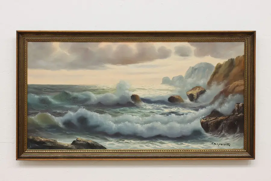 Photo of Rugged Coast Antique Original Oil Painting Carpenetti 52"