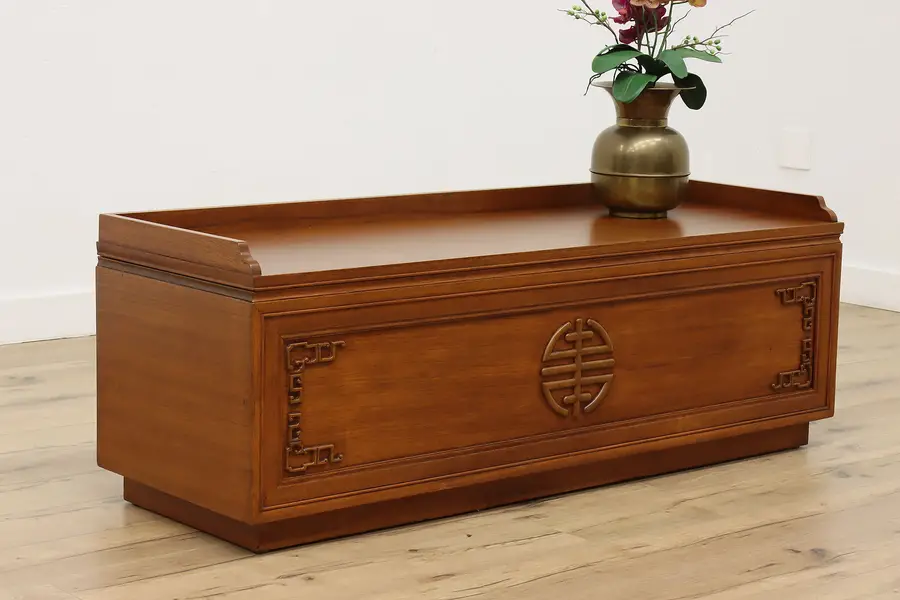 Photo of Asian Vintage Carved Teak Chest & Bench w/ Cushion, Majestic