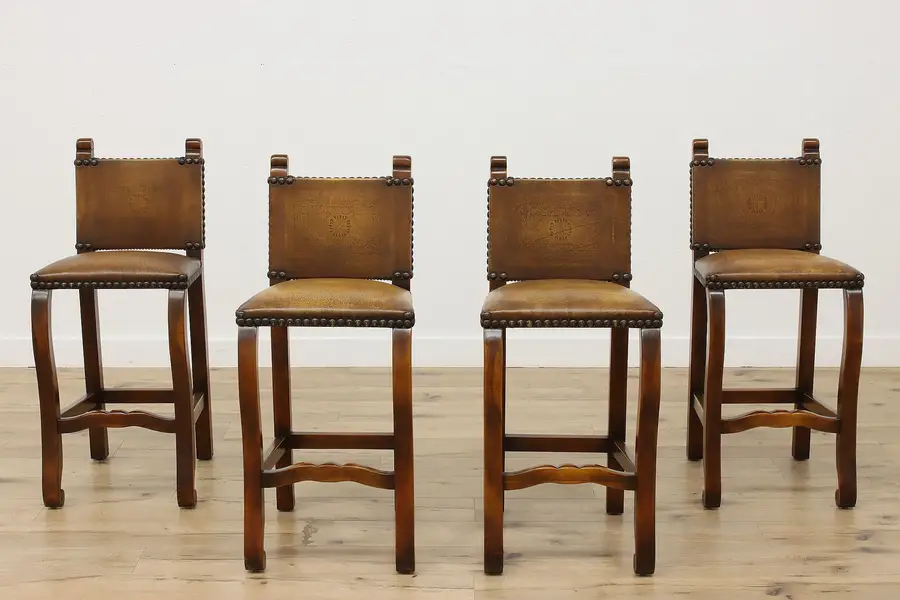 Photo of Set of 4 Vintage Spanish Colonial Leather Bar Counter Stools