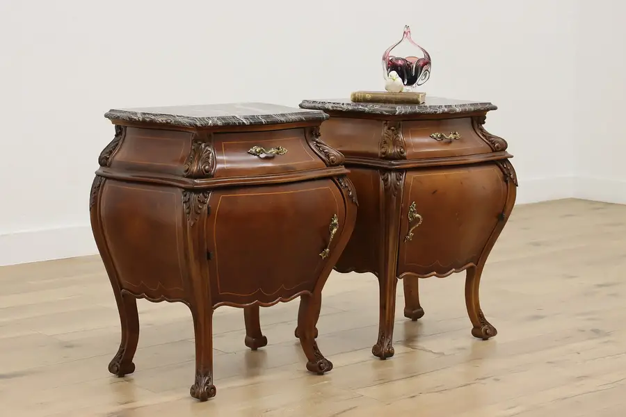 Photo of Pair of Italian Bombe Antique Walnut Nightstands Marble Tops