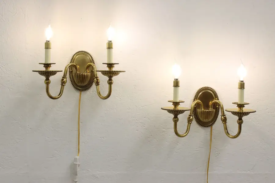 Photo of Pair of Traditional Vintage Brass Double Wall Sconce Lights